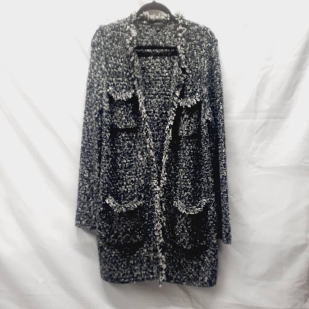 Ann Taylor Black White Marled Heavy Long open front cardigan with 4 pockets Lg